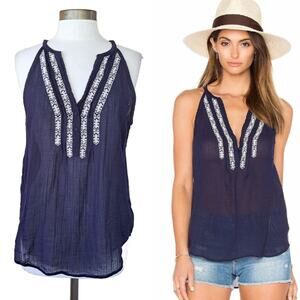 PAIGE Tyra Navy Blue Embroidered V-neck Halter Tank Top Medium Beachy Boho